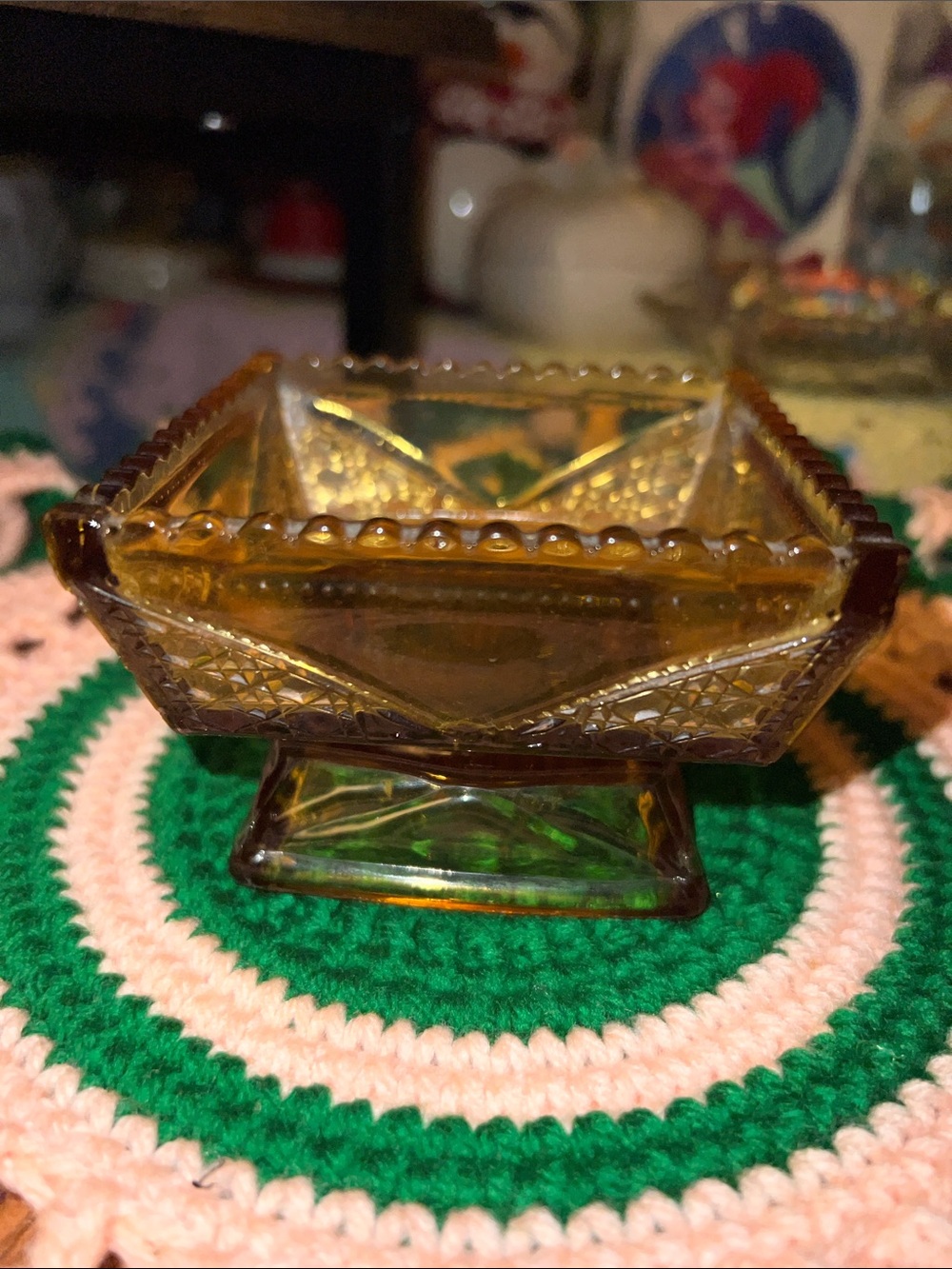 VTG Amber Carnival Glass Nut Candy Bowl Rippled Rim Detailed Design Square - Picture 2 of 10